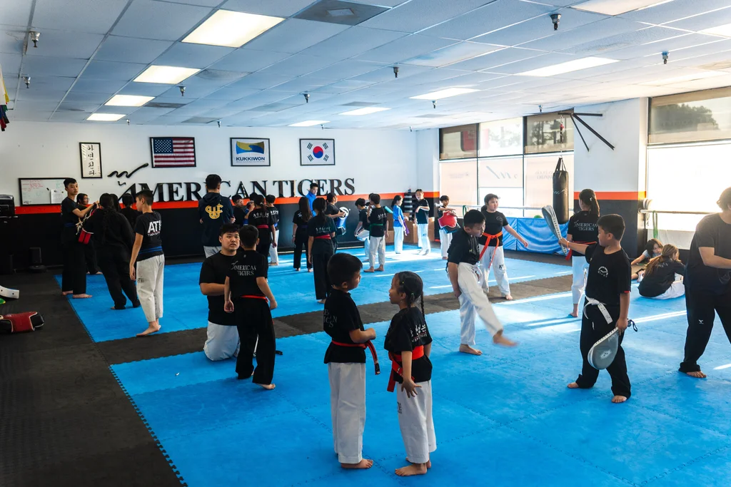 Children in taekwondo class training